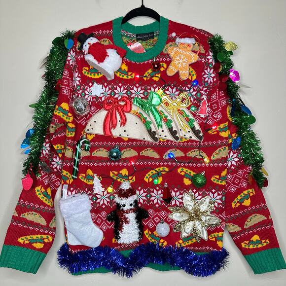 Ugly Christmas Sweater Tacos LIGHTS UP Tacky Tinsel Xmas Party Winner Sz Medium - Picture 1 of 5